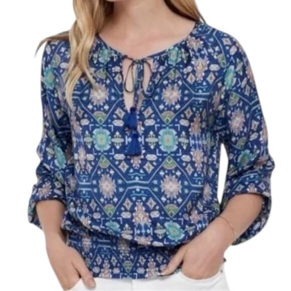 Ecru NWT Women’s S Cobalt Blue Weaver Kilim Silk Aztec Print Tassel Front Top